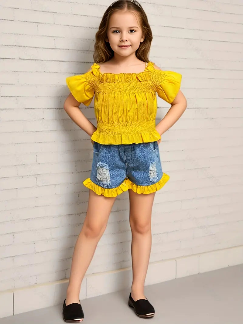 Girls 2PCS Off-Shoulder Blouse Top & Shorts