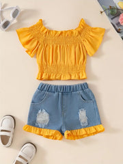 Girls 2PCS Off-Shoulder Blouse Top & Shorts