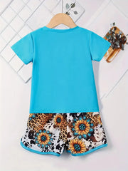 Girl's Set, Vintage Cow Graphic Tee + Leopard Floral Shorts