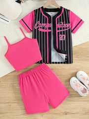 Baseball Style 3-Piece Girl's Casual Shorts Set