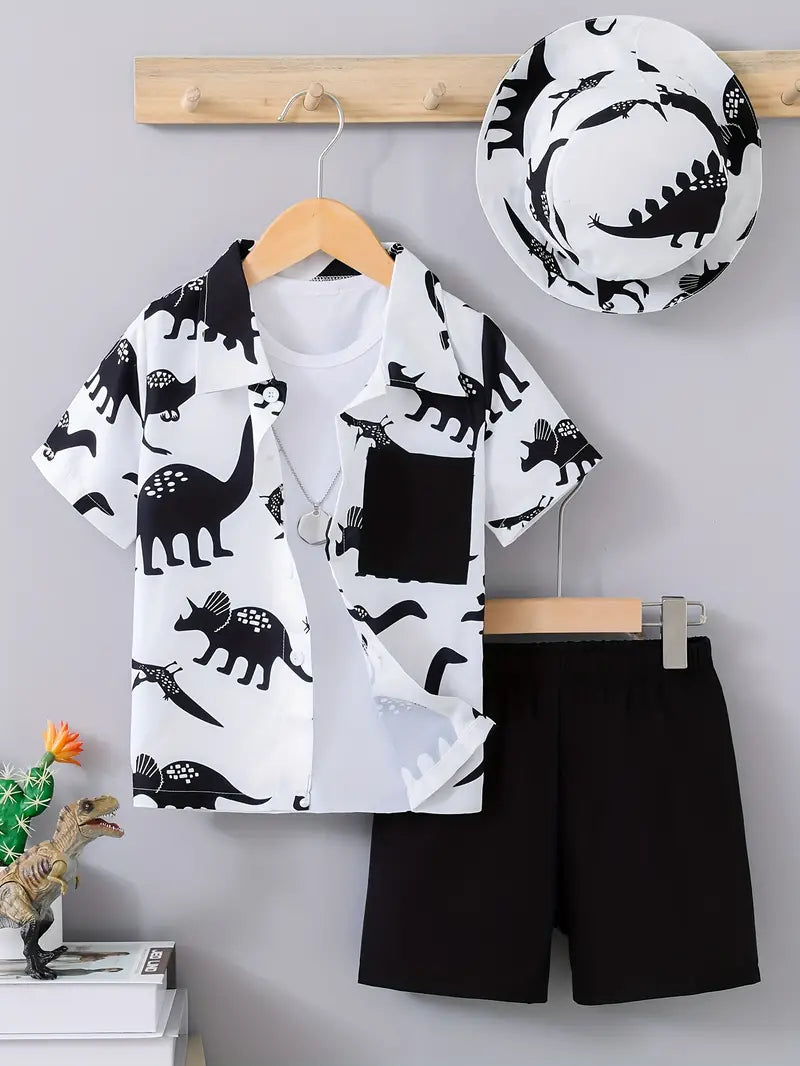 3pcs Boys Casual Shirt With Hat & Shorts Set