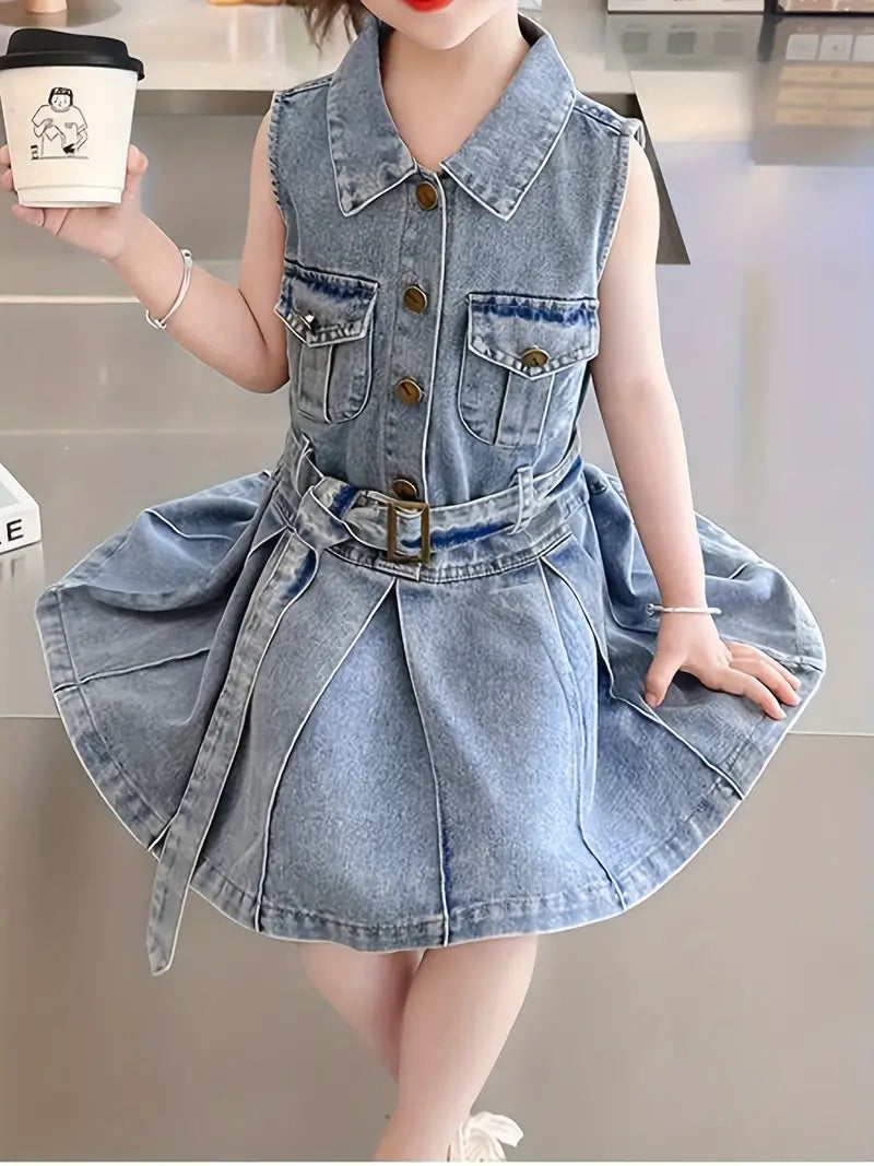 Girls Lapel Sleeve Denim Dress