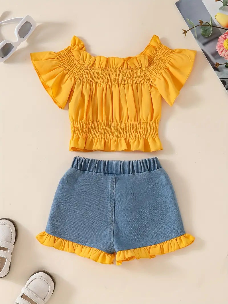 Girls 2PCS Off-Shoulder Blouse Top & Shorts