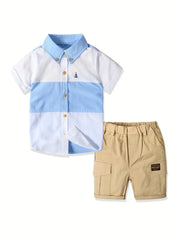 2pcs Boys Short Sleeve Shirt & Casual Shorts Set