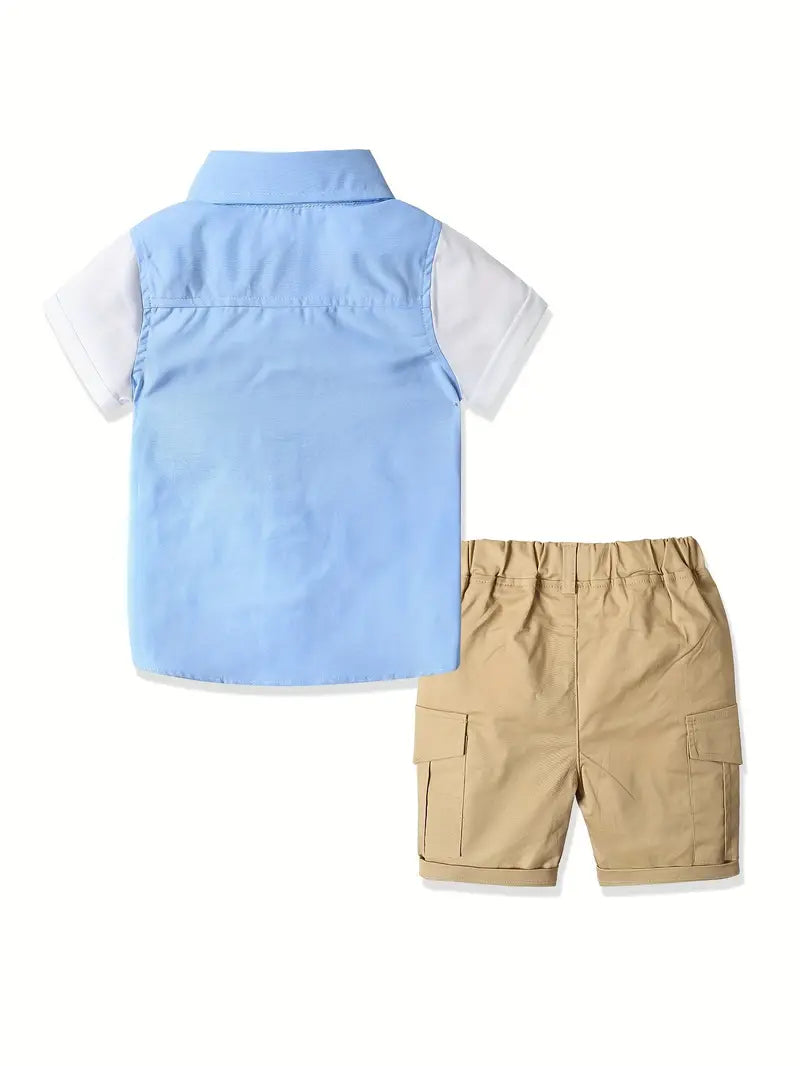 2pcs Boys Blue Holiday Style Shirt & Casual Shorts