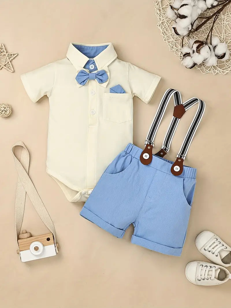 Baby Boy Romper+Strap Pants+Bowtie 3pcs Outfits