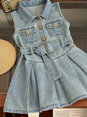 Girls Lapel Sleeve Denim Dress