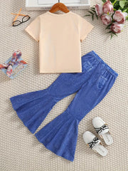 Bow Figure Print Girls T-Shirt + Bell Bottom Pants