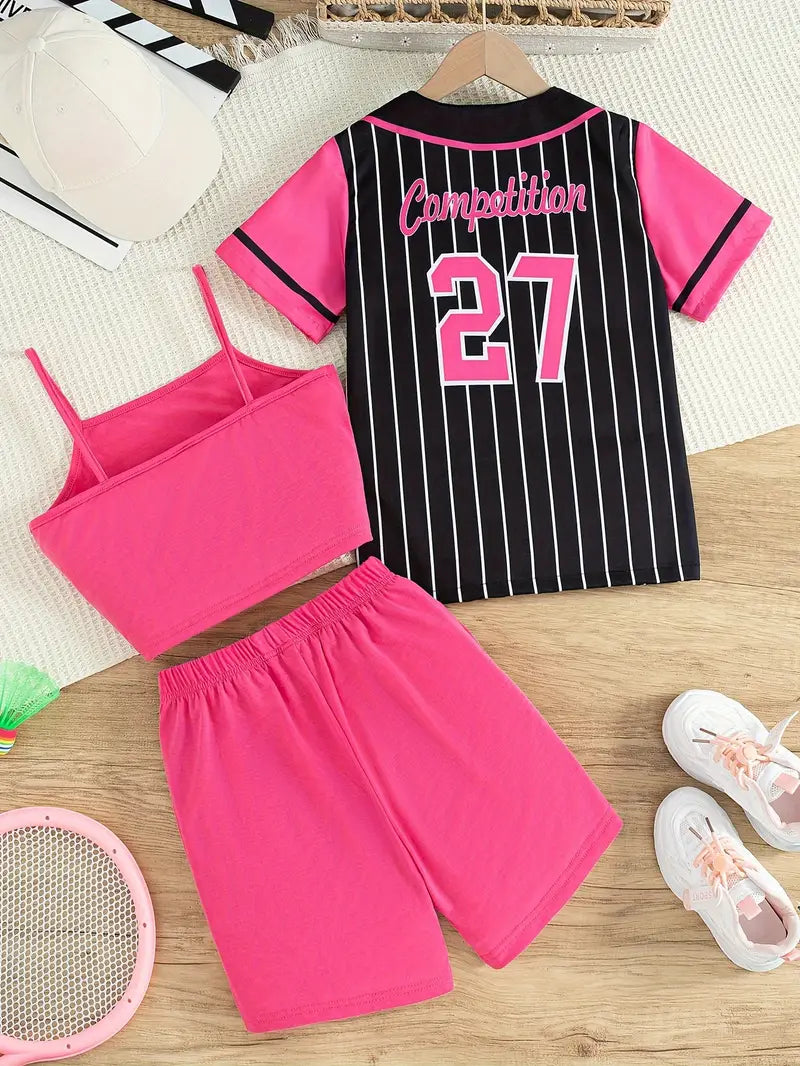 Baseball Style 3-Piece Girl's Casual Shorts Set