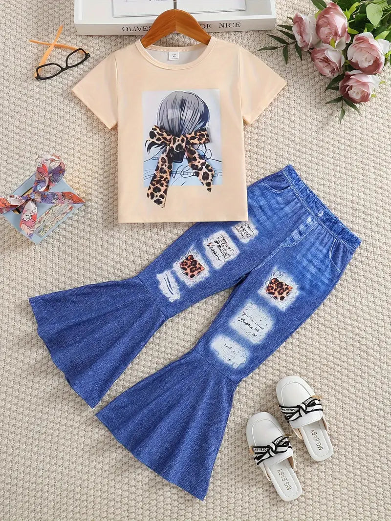 Bow Figure Print Girls T-Shirt + Bell Bottom Pants