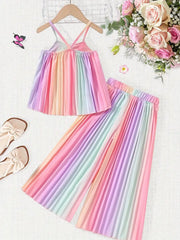 2pcs, Rainbow Stripes Print Top + Wide Leg Pants Set