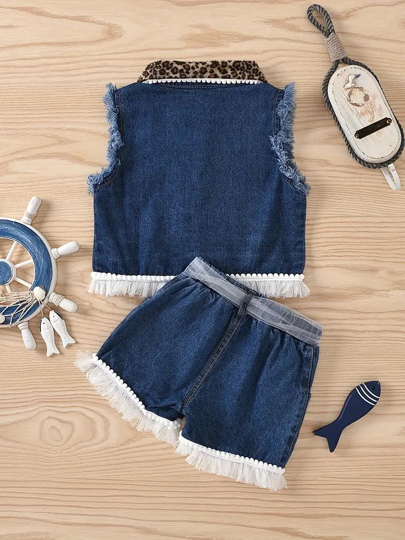 Girl Sleeveless Vest With Torn Hole Shorts Set