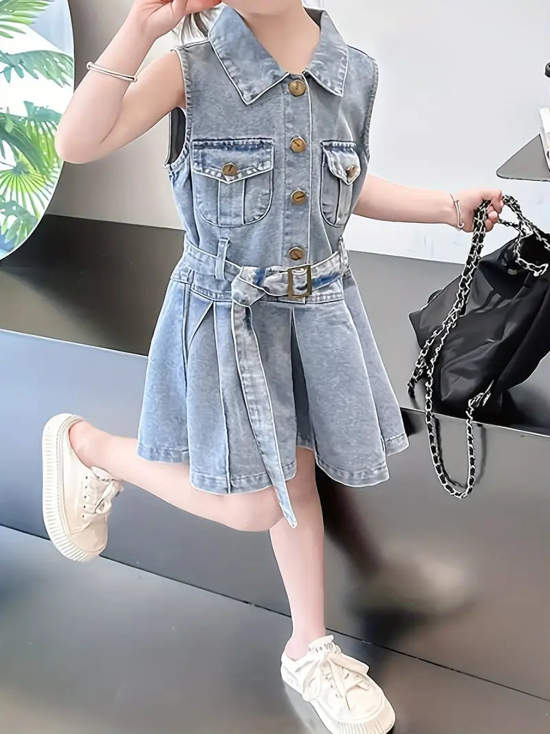 Girls Lapel Sleeve Denim Dress