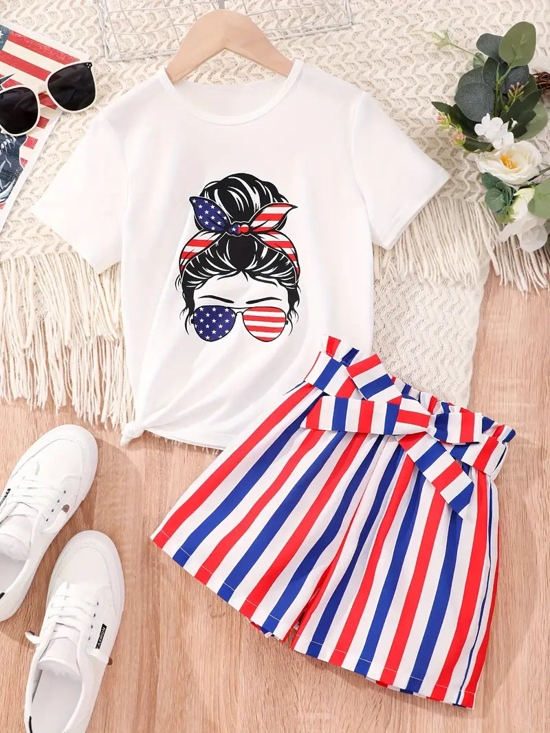 2pcs Girls Cartoon Print Shorts Set