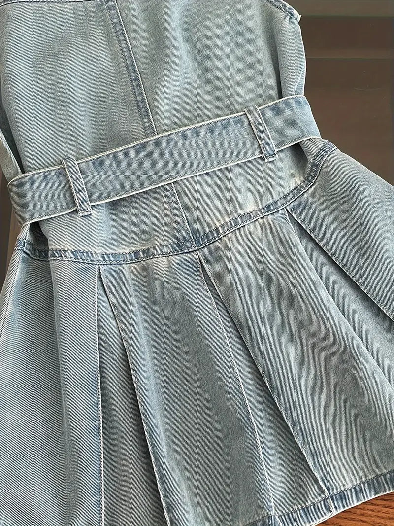 Girls Lapel Sleeve Denim Dress