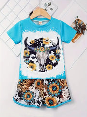 Girl's Set, Vintage Cow Graphic Tee + Leopard Floral Shorts