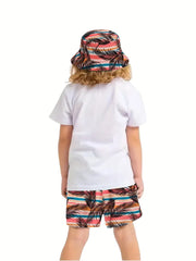 Boys new printed holiday t-shirt shorts shade hat